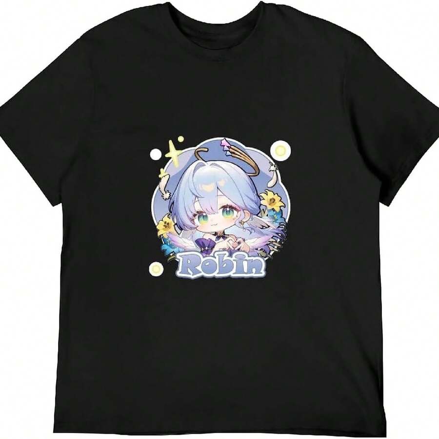HonKai Star Rail Robin Graphic T1S1Hirt Black And White T-Shirt, Casual Cotton Crew Neck T-Shirt C1EE For Men And Women. - 黑色 - 查看 1