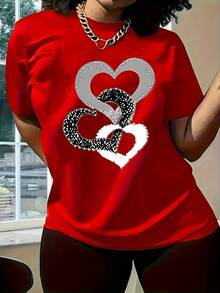New Women's Short Sleeve T-Shirt Spring/Summer 2025, Simple And Elegant Design With Love Rings Print, Versatile Everyday T-Shirt With Round Neck, Circular Pattern - 紅色 - 查看 1