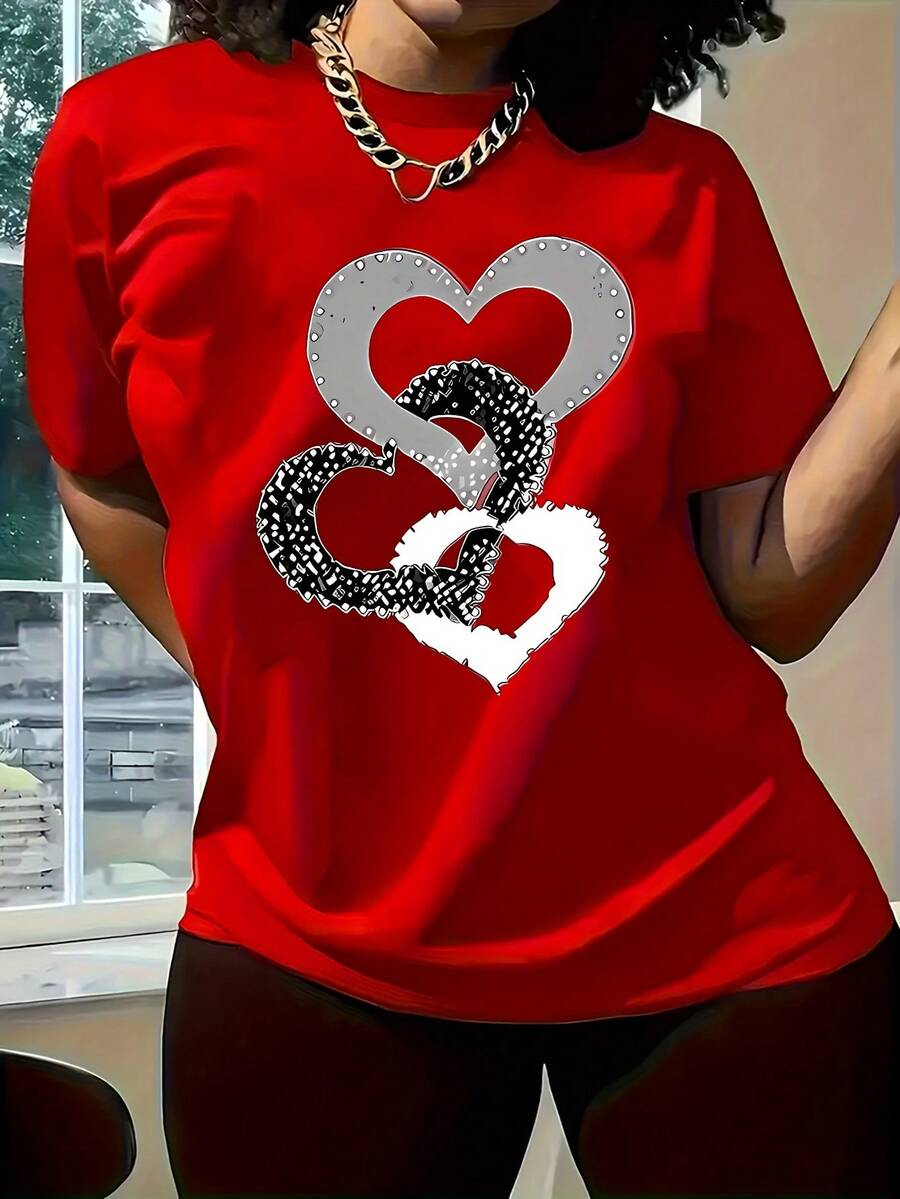 New Women's Short Sleeve T-Shirt Spring/Summer 2025, Simple And Elegant Design With Love Rings Print, Versatile Everyday T-Shirt With Round Neck, Circular Pattern - 紅色 - 查看 1