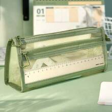 4pcs, Double Layer Transparent Mesh Large Capacity Pencil Case, Minimalist Double Layer Highly Attractive Pencil Storage - Multicolor - View 4