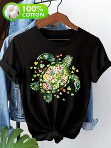 Camiseta estilo Y2K para mujer, de algodón puro, para vacaciones de verano, 100% algodón, con estampado floral de tortuga, hermosa camiseta de manga corta con estampado de corazón oceánico, - Blanco - Ver 8