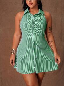 aaRustia Vestido casual sin mangas con botones y rayas para mujer de talla grandecc 4KY5 - Verde - Ver 1