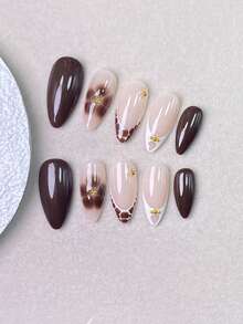 10 Pieces Of Handcrafted Press On Nails, Summer Nails, Short Nails, Almond-Shaped Nails With Nude And Solid Dark Brown, Tortoise Shell Print And Tiny Gold Bead Details. Retro Coffee Style, Perfect For Daily Wear, Dates And Casual Occasions. Handmade Press On Nails - Coffee Brown - View 5