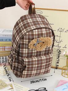 1 PC Brown Plaid Khaki Plush Travel Backpack Back To School High-End Feeling Popularized Backpack,Multifunctional And Large Capacity - Khaki - View 2