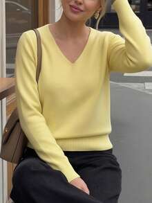 GIGOGOU Women's Basic Knit Pullover Sweater For Autumn/Winter, Soft And Comfortable V-Neck Casual Knit Top, Minimalist Style Yellow Fall - Yellow - View 2