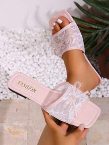 planare Nuevas sandalias planas de mujer de moda para verano, elegantes, con contraste de encaje y malla, decoración de lazo, sin cordones, punta cuadrada y abierta, color rosa claro, sandal - Rosa Pálido - Ver 8