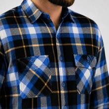 Men's Long-Sleeved Flannel Plaid Shirt - 藍色 - 查看 4