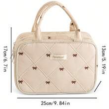 Gentle Beige Apricot Bowknot Embroidered Quilted Diamond Pattern Portable Makeup Bag For Cosmetics And Skincare Storage - Apricot - View 2