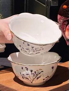 Vintage Lavender Hand-Painted Ceramic Bowl, Petal Rim Underglaze Floral Rice Bowl, Yogurt Oatmeal Breakfast Dessert Bowl For Home Kitchen Gift Idea - Multicolor - View 12