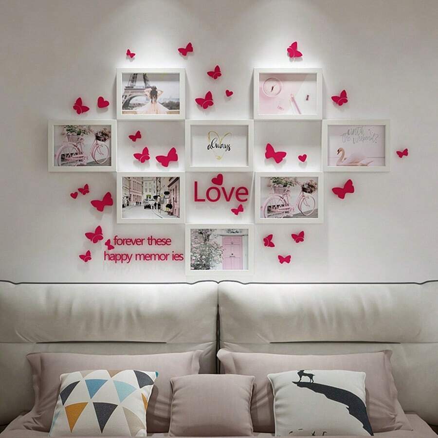 Creative Wooden Photo Frame Wall Hanging Combination Photo Wall 8pcs 5*7 Inch Living Room Bedroom Decor Background 3*5 Inch Photo Wall With Butterfly Stickers Landscape Photos - One Size - View 1