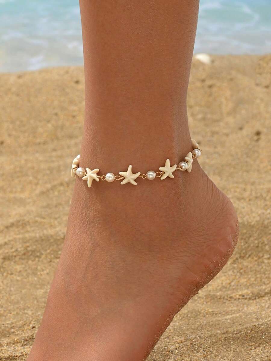 1件夏季海灘度假風海星人造珍珠手工腳鍊,經典百搭女款足部飾品,適合日常穿著與度假派對 - 彩色 - 查看 1
