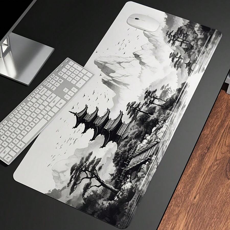 Large Gaming Mousepad, Desktop Use, Chinese Landscape Ink Painting Style Desk Mat, With Seamed Edges, Stunning Scenery Desk Mat, Non-Slip Rubber Base, Keyboard Mat/Computer Mat, Large XL Black And White Style Mousepad - Mouse Pad - View 1