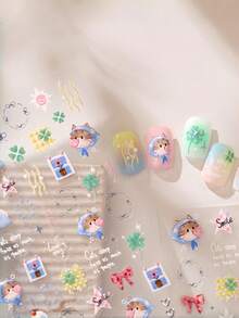 1pc 5D Sweet Cute Kitten Nail Art Stickers, Four-Leaf Clover & Bow Nail Decals, Self-Adhesive Nail Patches, Summer DIY Nail Art Accessories, Easy Nail Stickers, Best Nail Supplies For Girls And Women, Suitable For St. Patrick's Day And Cute Party Events - Multicolor - View 5