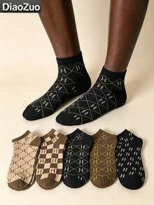 Random 1/5 Pairs Men's H Letter Print Short Socks, Classic Plaid And Diamond Pattern Breathable Low-Cut Casual Socks, Daily Wear Ankle Socks, Suitable For Sports - Multicolor - View 2