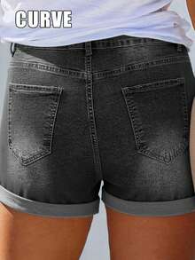 Cross-Border Plus Size Women's Straight Cut Denim Shorts With Pocket Decoration, Mid-Stretch Fabric, Creating A Relaxed And Confident Summer Vibe. - 灰色 - 查看 3