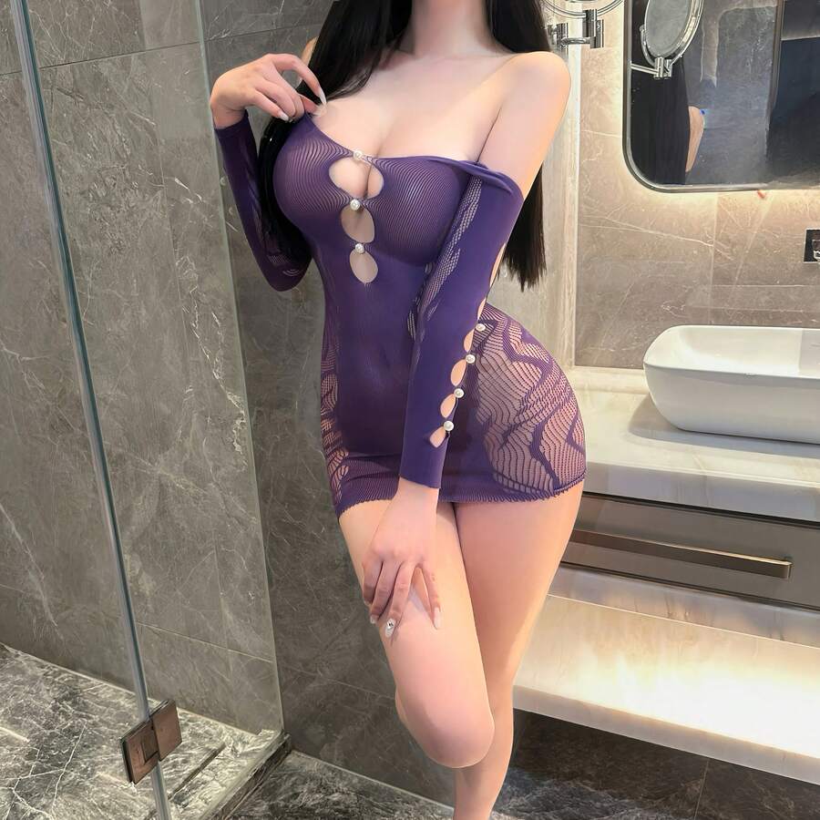 Lingerie Sexy, Vestido Bodycon de Pérola Falsa Lua de Água, Meias de Rede Vazadas, Meia-Calça Transparente Minimalista, Conjunto Seductor de Ajuste Slim - Roxo - Visão 1