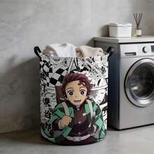 Miniso سلة غسيل قابلة للطي مقاومة للماء بطباعة مربعات يابانية عمودية بتصميم مانجا Demon Slayer Tanjiro بألوان مختلطة، منظم تخزين ملابس محمول بمقبض - متعدد الألوان - مشاهدة 1