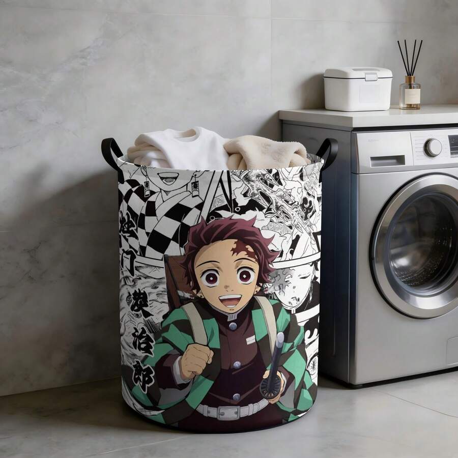 Miniso سلة غسيل قابلة للطي مقاومة للماء بطباعة مربعات يابانية عمودية بتصميم مانجا Demon Slayer Tanjiro بألوان مختلطة، منظم تخزين ملابس محمول بمقبض - متعدد الألوان - مشاهدة 1