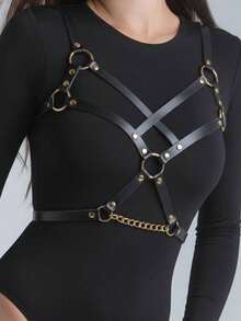 1pc Women's Punk Style Black Sexy Hollow Out Bustier Cross Strap PU Leather Harness Bondage Top, Suitable For Nightclub, Rave Night Or Theme Party Atmosphere Outfit - Black - View 7