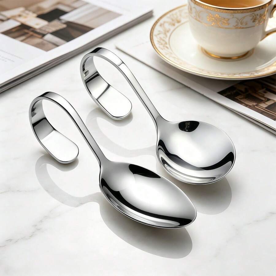 1/4/6pcs Stainless Steel Serving Spoons, Curved Handle Dessert Spoon Set, Rustproof Silver Tableware For Salad Berry Home Restaurant Buffet - View 1