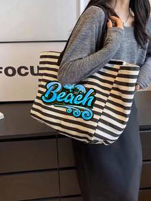 Beach Letter Print Black & White Striped Tote Bag 2pcs Set, Large Capacity Canvas Handbag + Matching Cosmetic Pouch, Waterproof & Stain-Resistant, Fits Swimsuit & Towel, Suitable For Daily Commute, Shopping, Students, Office Workers, Outdoor Picnic, Pool & Beach Vacation, Practical High-Value Summer Gift For Girlfriend & Bestie, Can Be Used As Beach Bag, Handbag, Pool Bag And Travel Organizer - Multicolor - View 6