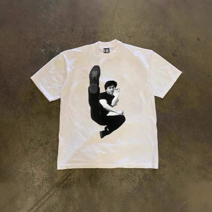 High-Density Pure Cotton! Unisex Short-Sleeved, Loose-Fitting T-Shirt For Couples, Featuring A Vintage Chinese Kung Fu And Jackie Chan Print. Luxury T-Shirts, Tops, T-Shirts. - 白色 - 查看 1