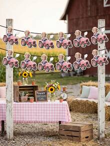 6/12/18pc Custom Photo Pink Tractor Banner, Personalized Farm Themed Birthday Party Decorations Backdrop,Face Head Bunting Banner, Perfect For Farm Tractor Themed Photo Garland,Rustic Farmhouse Party Bunting,Rustic Little Farmer Keepsake,Home Decor - Multicolor - View 4