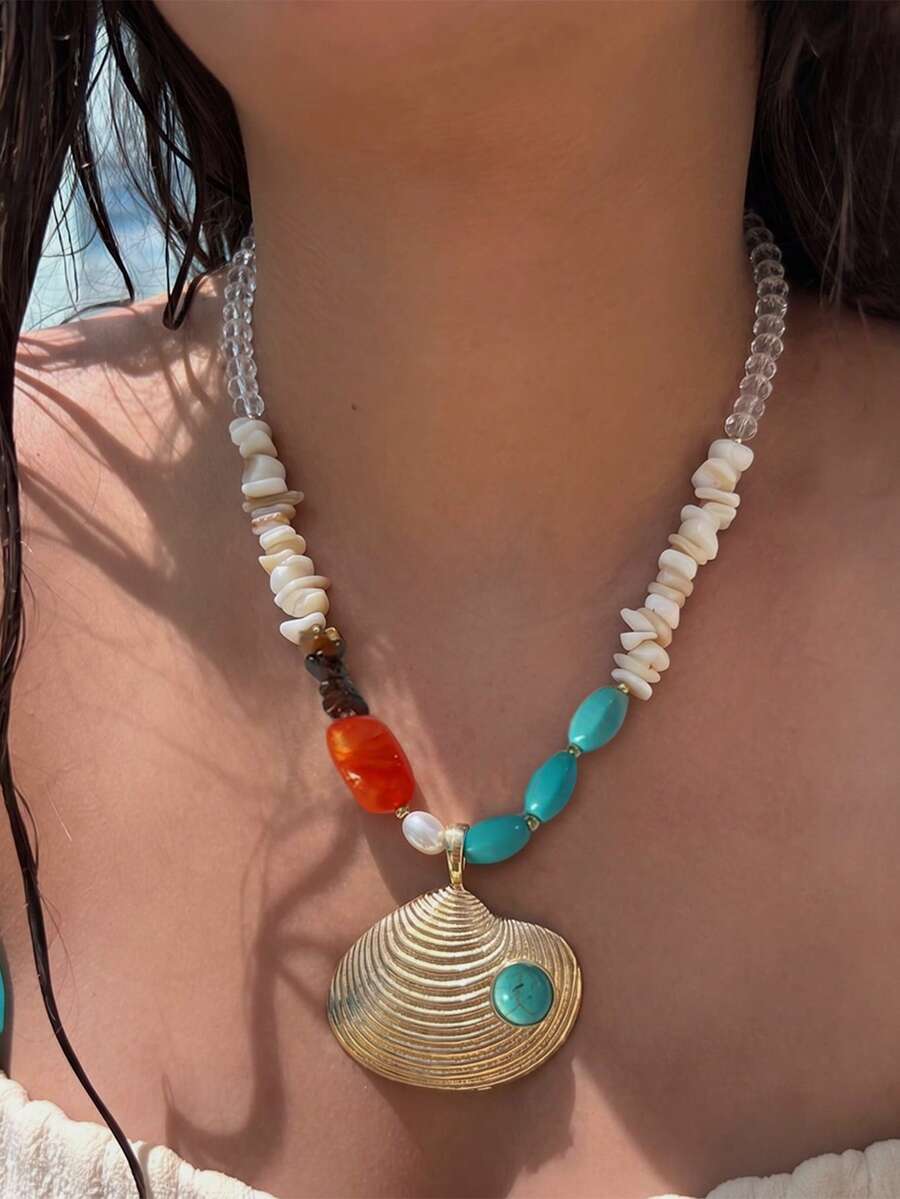1pc Vintage Shell Bohemian Style Metal Material Multicolor Women's Necklace Suitable For Party, Ball, Gathering, Beach Vacation - Multicolor - View 1