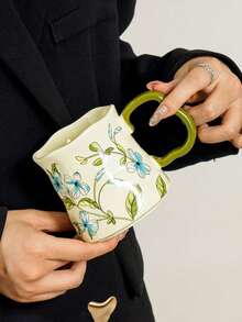 1 pieza Taza de cerámica hecha a mano con brote azul, estilo pastoral fresco, gran capacidad, taza de café de cerámica asimétrica hecha a mano, adecuada para taza de agua de oficina, café, varios tés, uso comercial - Multicolor - Ver 6