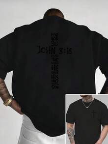 Gospel Of John 3:16, New Men's Crew Neck T-Shirt With Cross Print On Both Sides, Casual, Sporty, Modern And Loose Style, Short Sleeve T-Shirt For Students - 黑色 - 查看 1