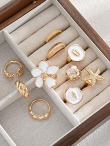 10pcs Exaggerated Wide Metal Open Ring Set, Faux Shell Starfish Conch Fish Tail Flower White Drip Rhinestone Thick Smooth Asymmetrical Geometric Multi-Layered Rings For Women, Date, Banquet, Beach, Vacation, Party, Music Festival Accessories - Golden Yellow 3 - View 3