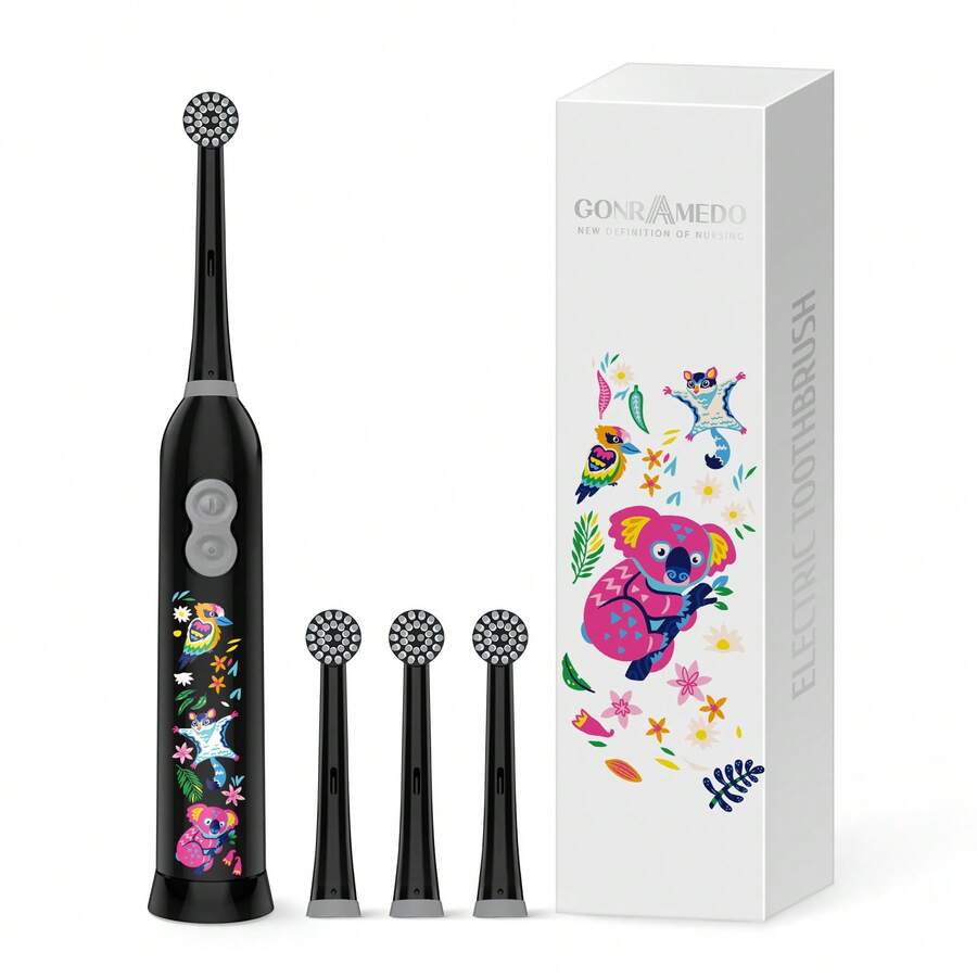1 pieza Cepillo de dientes eléctrico giratorio con 4 cabezales de cepillo, contiene 2 baterías AAA, cepillo de dientes eléctrico inteligente alimentado por batería, suave - selva - Ver 1