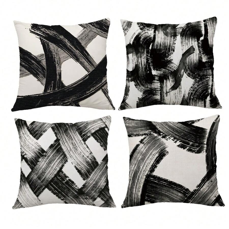 4pcs Vintage Abstract Ink Brush Stroke Pattern Cushion Covers, Single-Sided Printed Skin-Friendly Peach Skin Velvet Material, 45*45CM Pillow Covers Suitable For Room Decor, Indoor Sofa Living Room Decor, Party Decor, Decorative Cushion Covers Gift - Multicolor - View 1