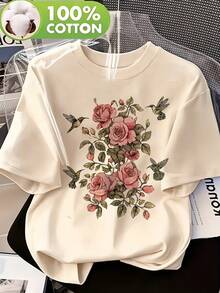 Camiseta de algodón puro para mujer, 100% algodón, con estampado vintage de rosas y colibríes, diseño floral de bosque, top casual para uso diario en primavera/verano, ropa de mujer de estil - Albaricoque - Ver 1