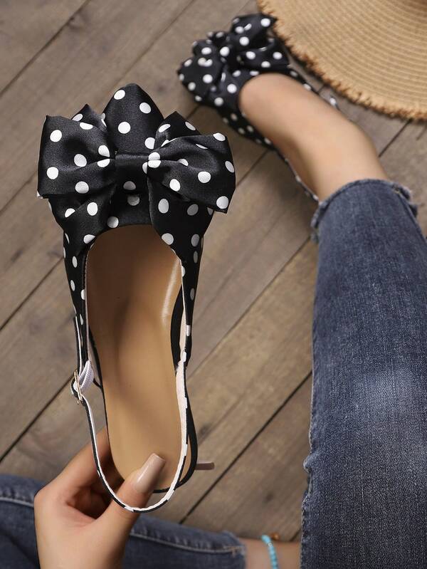 Sandalias de satén negro con lunares y espalda abierta para mujer con decoración de lazo, elegantes tacones de aguja con punta fina, zapatos de verano para noche