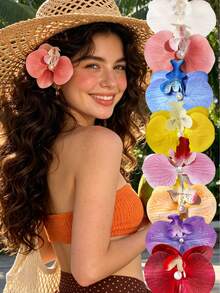 1/8pcs Summer Hawaiian Floral Hair Clips, Solid Color Women's Hibiscus Hair Clips, Suitable For Beach, Vacation, Party,Hair Slide - Multicolored Phalaenopsis Orchid - View 7