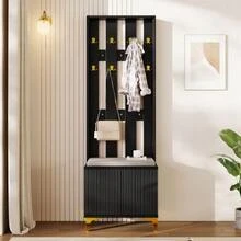 Wardrobe Set With Shoe Bench And Cushion, Wardrobe Front With Hooks - 黑色 - 查看 1