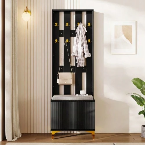 Wardrobe Set With Shoe Bench And Cushion, Wardrobe Front With Hooks - 黑色 - 查看 1