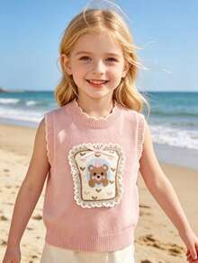 WUHUANG YIYI Girls' Sweet Cute Cartoon Bear Handmade Applique Embroidery Heart Lace Decor Knitted Sweater Vest Loose Fit Versatile Outerwear For Spring And Autumn - Pink - View 1