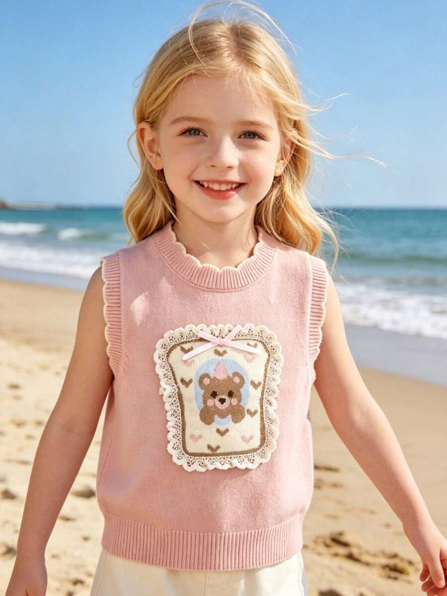 WUHUANG YIYI Girls' Sweet Cute Cartoon Bear Handmade Applique Embroidery Heart Lace Decor Knitted Sweater Vest Loose Fit Versatile Outerwear For Spring And Autumn - Pink - View 1