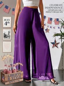 Women's Casual Wide Leg Pants, HighWaistedElastic Waist Flowy Trousers, Lightweight Breathable Outfit For Travel,Summer Outfits For Women Capri Pants - 紫色 - 查看 1