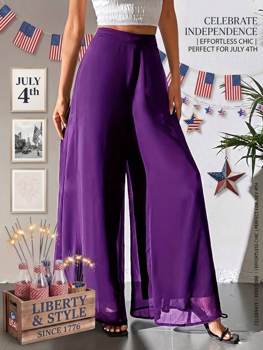 Women's Casual Wide Leg Pants, HighWaistedElastic Waist Flowy Trousers, Lightweight Breathable Outfit For Travel,Summer Outfits For Women Capri Pants - 紫色 - 查看 1