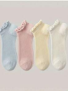 4/5/8 pares de calcetines cortos de mujer de unicolor, clásicos y versátiles, con borde de volantes transpirables. Calcetines de estilo Lolita minimalista con encaje y rayas verticales, adecuados para uso diario, casual, deportivo, viajes y regalos para todas las festividades, primavera/verano - Multicolor - Ver 7