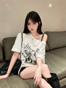 American Style Graphic Print Asymmetrical Shoulder Short Sleeve T-Shirt, Sexy Loose Unique Chic Top For Women, Summer White - White - View 4