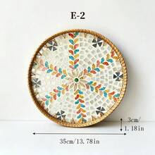 1pc Pearl Shell Inlaid Wooden Base Woven Rattan Decorative Tray, Not For Food Contact, Home Decor - Yellow - View 21