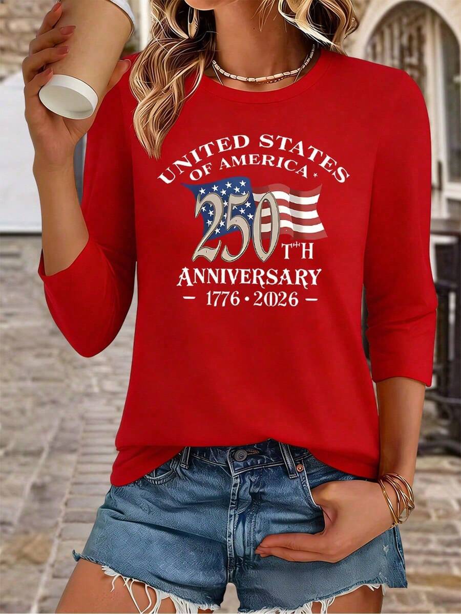 Women's Casual Cotton Red 250th USA Anniversary Flag Print Short Sleeve Round Neck T-Shirt For Patriotic Party Wear - 紅色3 - 查看 1
