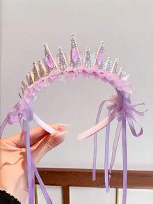 1件女孩公主水鑽皇冠髮箍，幻彩荷花邊蕾絲長緞帶髮飾，生日派對 Cosplay 髮箍 - 彩色 - 查看 4