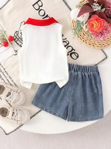 2pcs Set Baju Bayi Perempuan Lucu Polo Kerah Merah Tank Top Putih Bergaris & Rok Denim, Tipis untuk Musim Panas - Putih - View 2