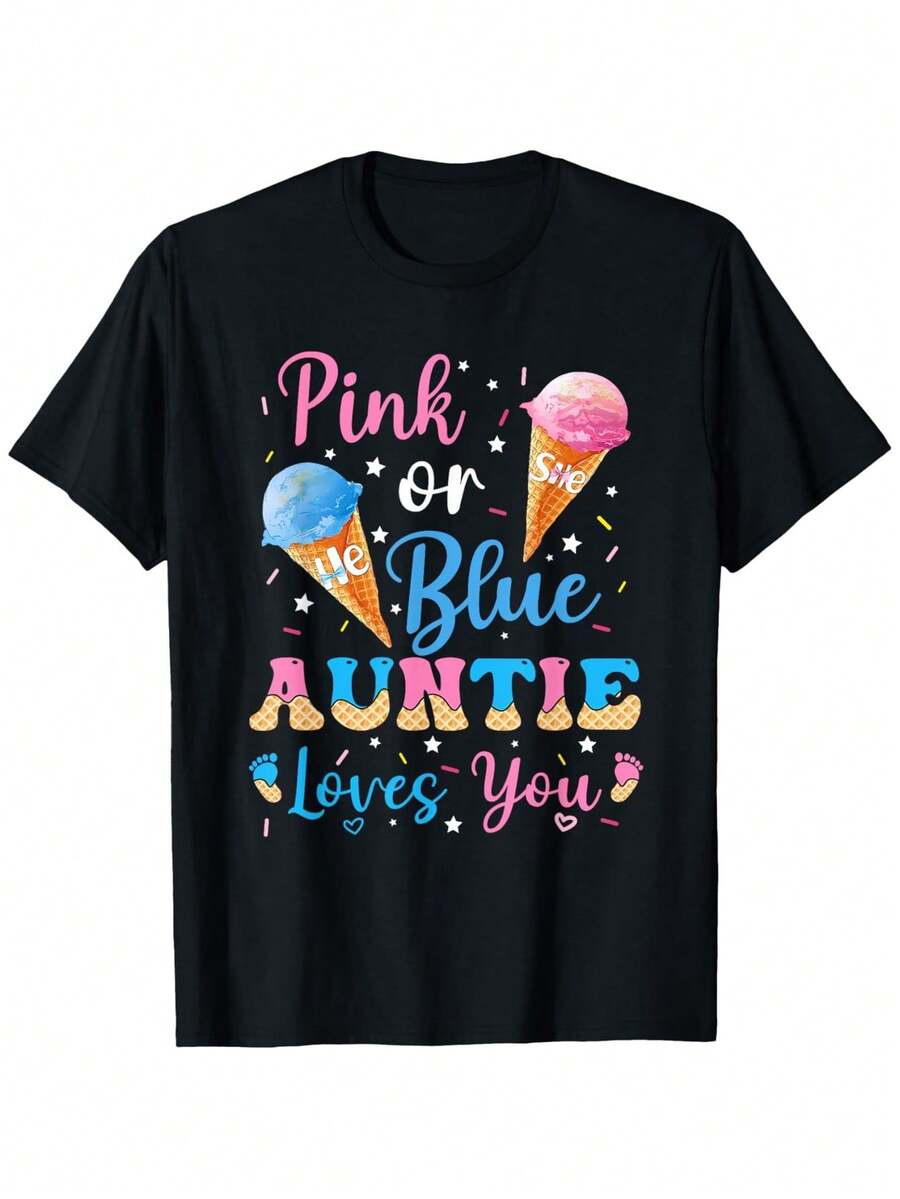 Camiseta de talla rosa/azul para revelación de género ía - 0XL-5XL% algodón 180g de peso/Camiseta con eslogan de helado y revelación de género, ropa casual para fiestas de embarazo - Negro - Ver 1