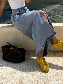 时尚女士后开衩修身牛仔裙，休闲优雅可爱牛仔开衩舒适日常穿着，适合办公室、机场、四季穿着。 - 藍色 - 查看 3